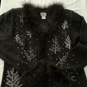 Berek winter snowflakes cardigan with furry cuffs and collar….EUC!!